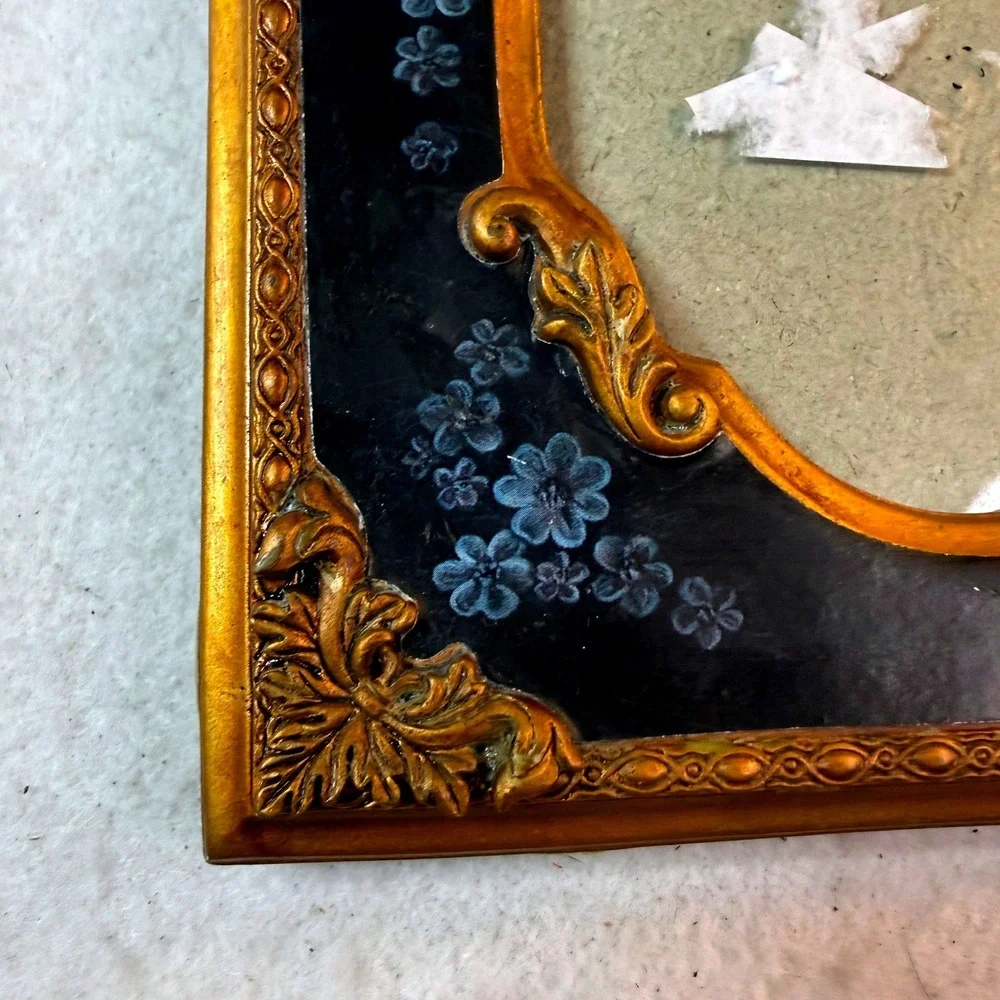 Vintage Ornate Gold Navy Floral Picture Frame Hollywood Regency French Decor